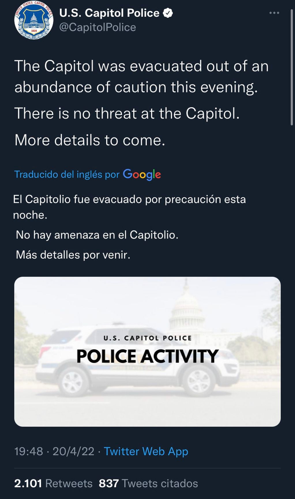 El tweet que publicó la cuenta oficial de la Policía del Capitolio.