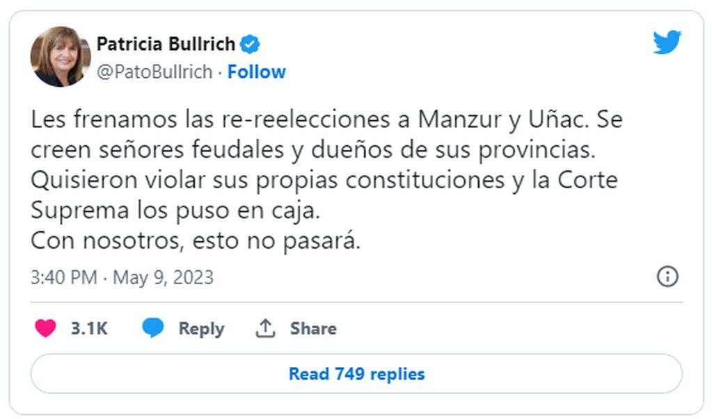 Tuit de Patricia Bullrich luego de que la Corte Suprema suspendiera las elecciones en San Juan.