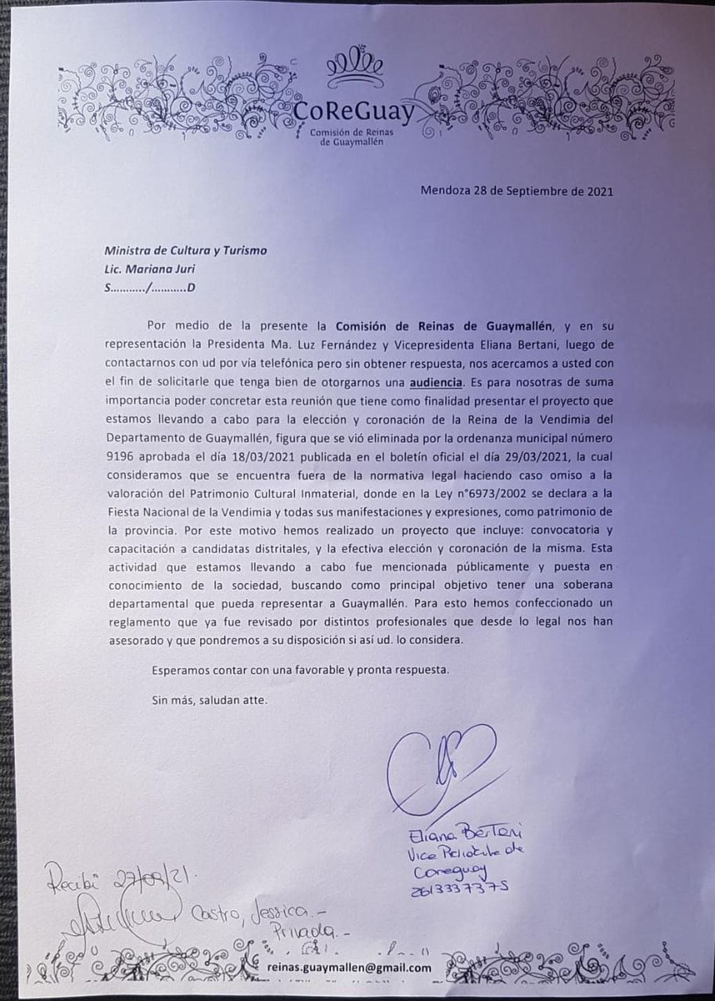 La nota que enviaron las exreinas a la ministra Mariana Juri.