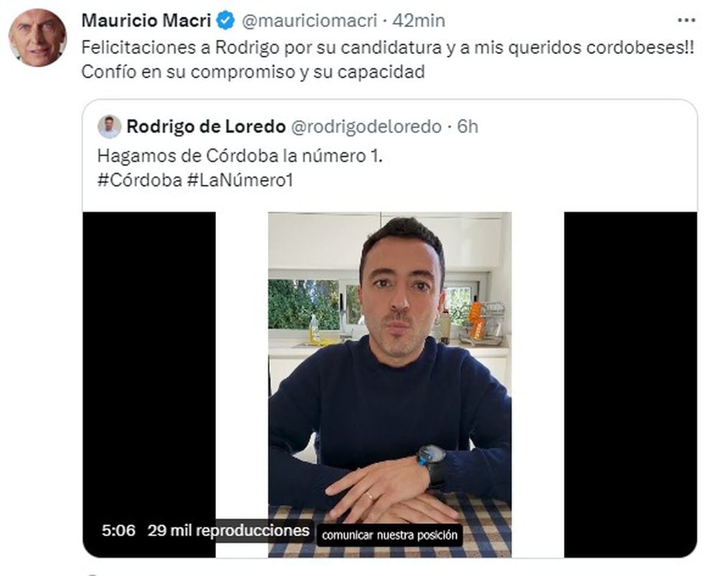 Mauricio Macri le dio su respaldo a Rodrigo De Loredo, quien irá por la intendencia en Córdoba.
