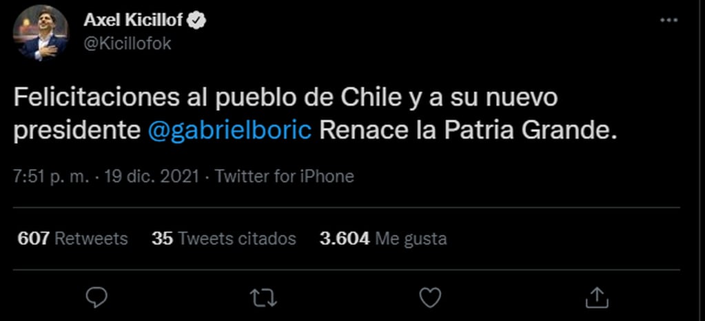 Los saludos a Gabriel Boric, nuevo presidente de Chile.