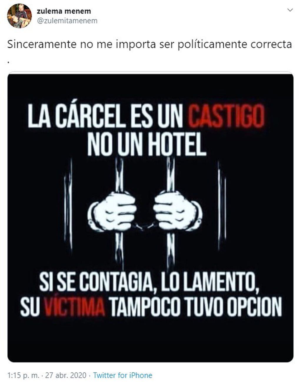 Zulemita Menem publicó un tuit en contra de las excarcelaciones y generó polémica (Foto: captura Twitter)