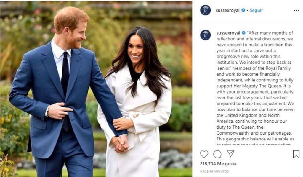 El príncipe Harry y Meghan Markle renunciaron a sus funciones en la Familia Real Británica. (Instagram)