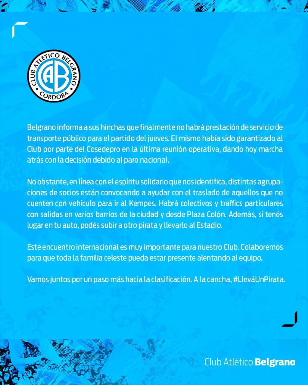 El comunicado de Belgrano emitido este martes al mediodía.