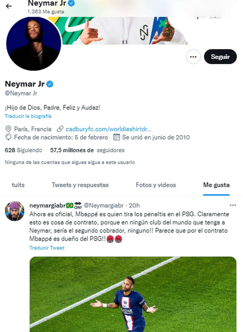 El "me gusta" de Neymar contra el futbolista francés.