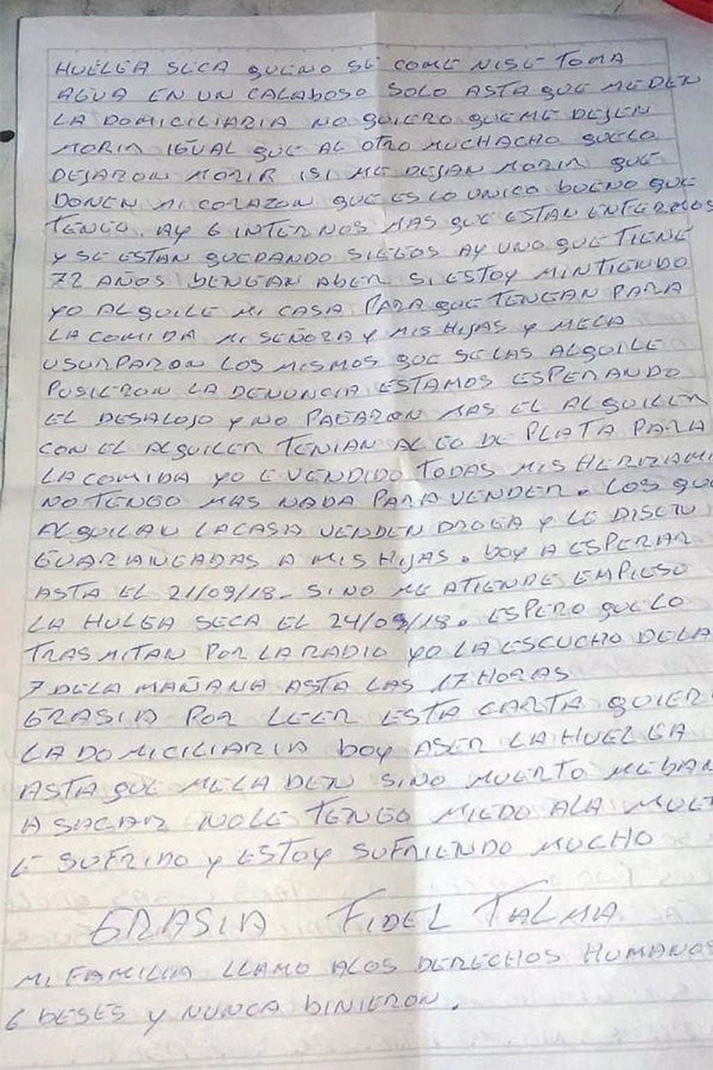 Carta del interno Fidel Talma