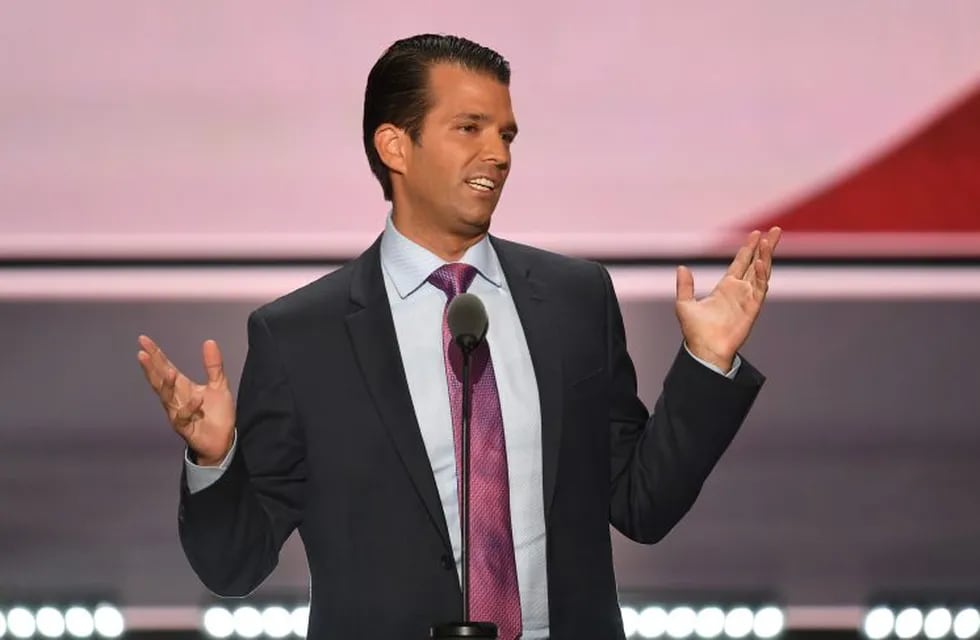 (FILES) This file photo taken on July 19, 2016 shows Donald Trump, Jr., speaking on the second day of the Republican National Convention at the Quicken Loans Arena in Cleveland, Ohio.\nDonald Trump Jr. admitted on July 10, 2017, to meeting a Russian lawyer in a bid to get dirt on his father's 2016 rival Hillary Clinton, plunging the White House into another Russia-related scandal. Trump Jr., confirmed reports that he was seeking compromising information on Clinton when he met Russian attorney Natalia Veselnitskaya in June 2016. / AFP PHOTO / JIM WATSON