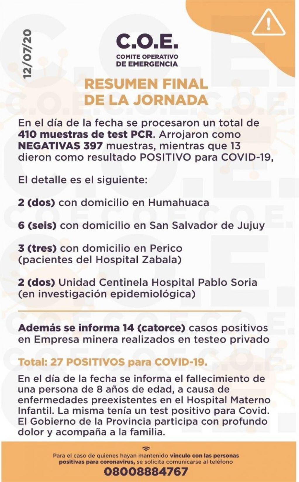 El informe del COE Jujuy entregado a los medios, correspondiente al domingo 12 de julio.