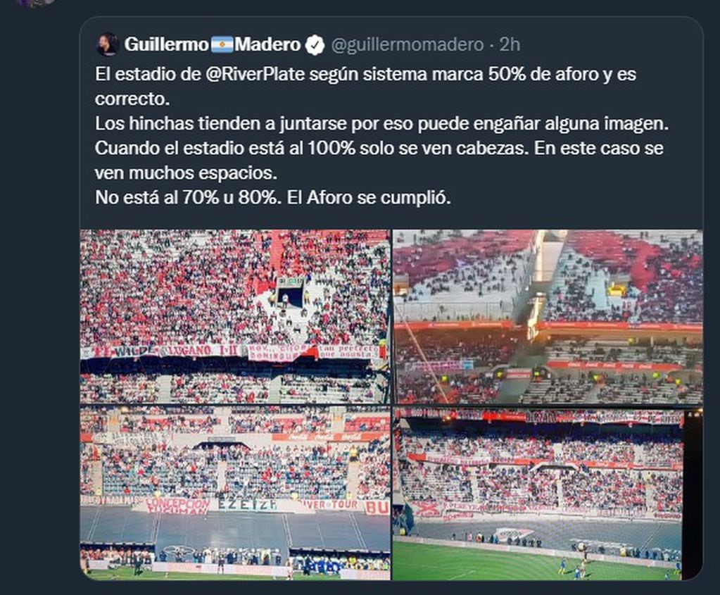 El tuit que Guillermo Madero borró por el escándalo del aforo en el Monumental.