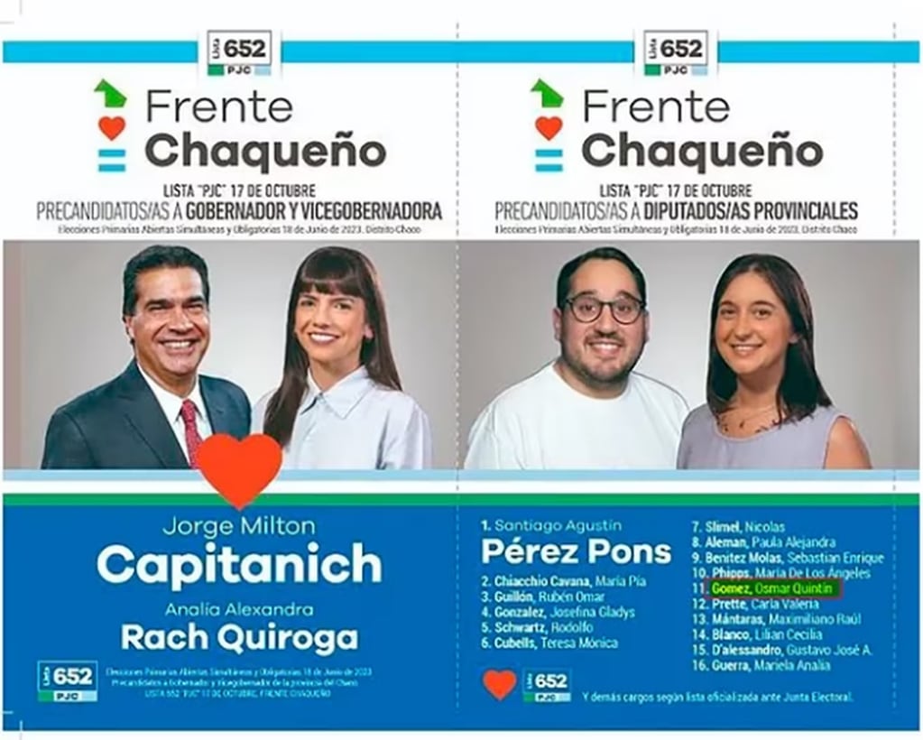 La boleta electoral de Jorge Capitanich, donde aparece como candidato a diputado provincial, Osmar "Quintín" Gómez.