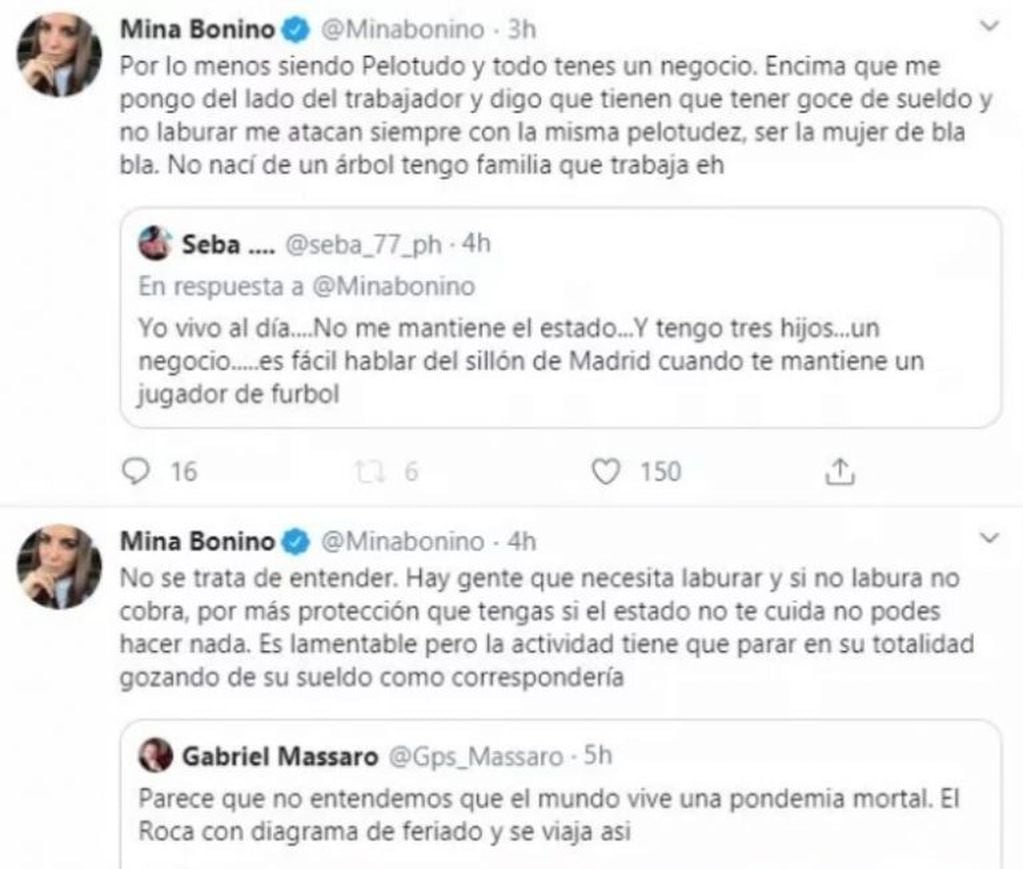 Mina Bonino pidió que se frenen las actividades en Argentina y la tildaron de "mantenida"