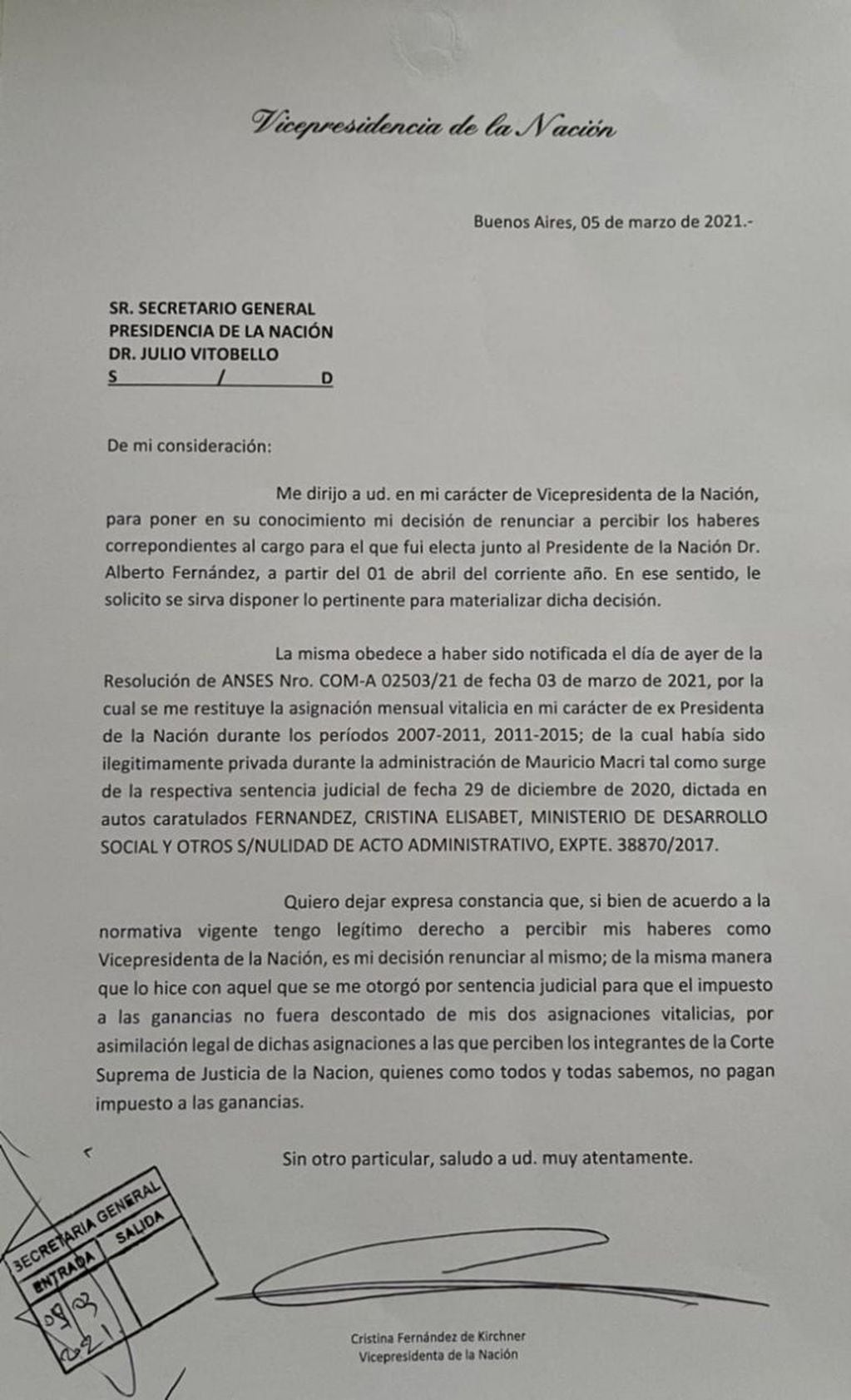 La carta de Cristina Kirchner para el secretario General de la Presidencia, Julio Vitobello.