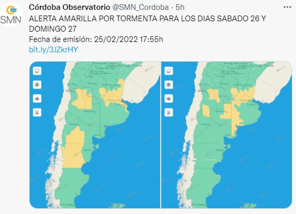 Alerta vigente para el sudeste de la provincia de Córdoba durante el fin de semana.