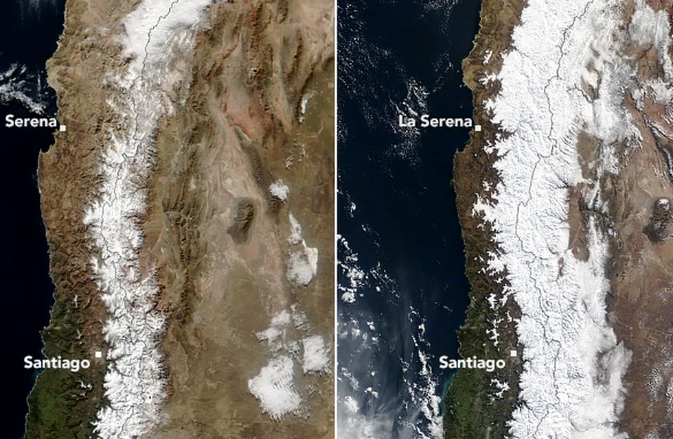 La NASA difundió imágenes de la Cordillera de los Andes luego del sistema frontal de nieve.