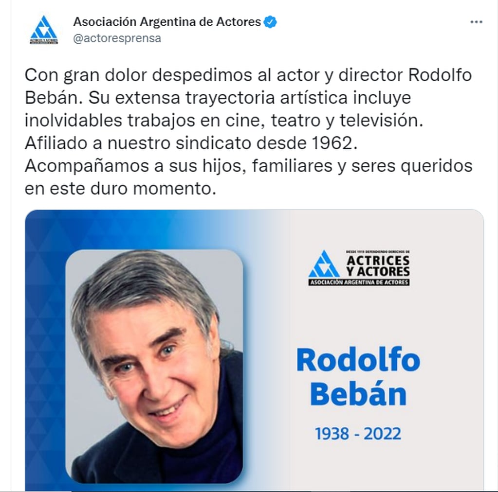 El comunicado de la Asociación Argentina de Actores tras la muerte de Rodolfo Bebán.