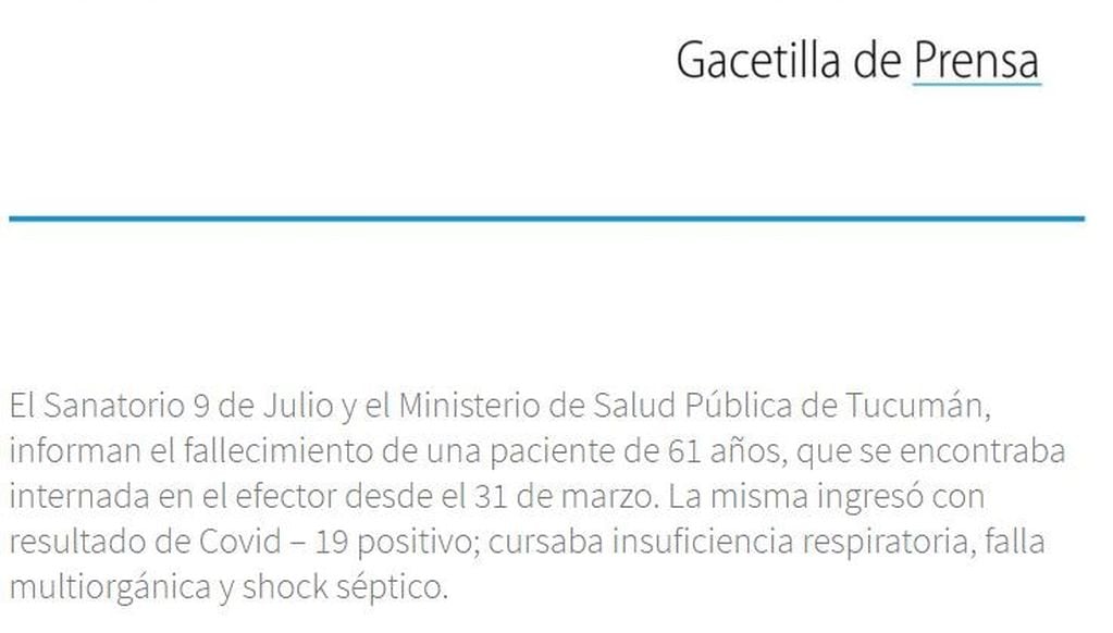 Ministerio de Salud Pública de Tucumán.