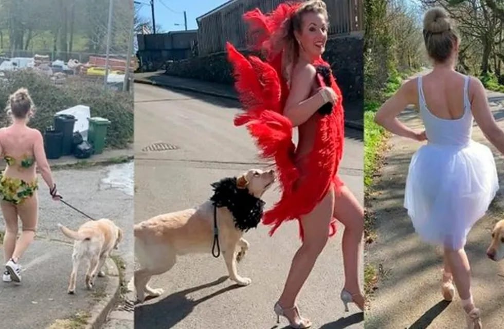 Una bailarina se disfraza para hacer reír a sus vecinos mientras pasea el perro (Fotos: web)