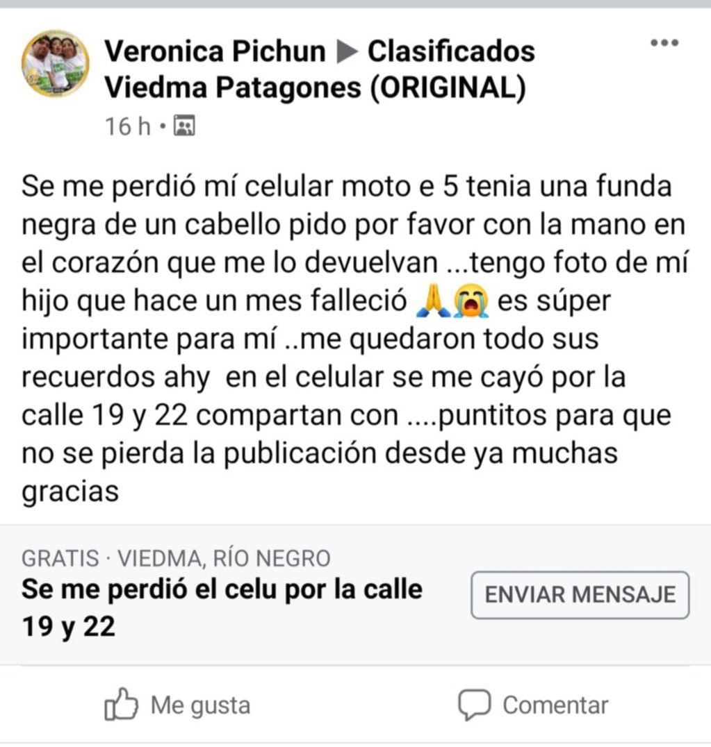 Buscan un celular en Viedma por las fotos con su hijo fallecido