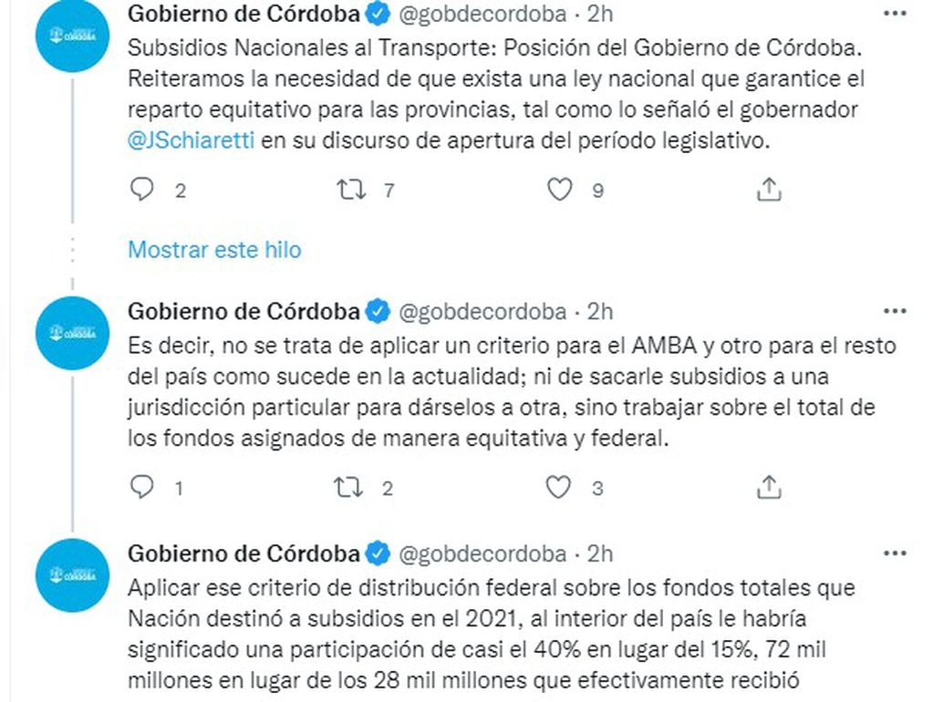 Desde el Gobierno de Córdoba volvieron a reclamar un reparto equitativo para subsidios para transporte.
