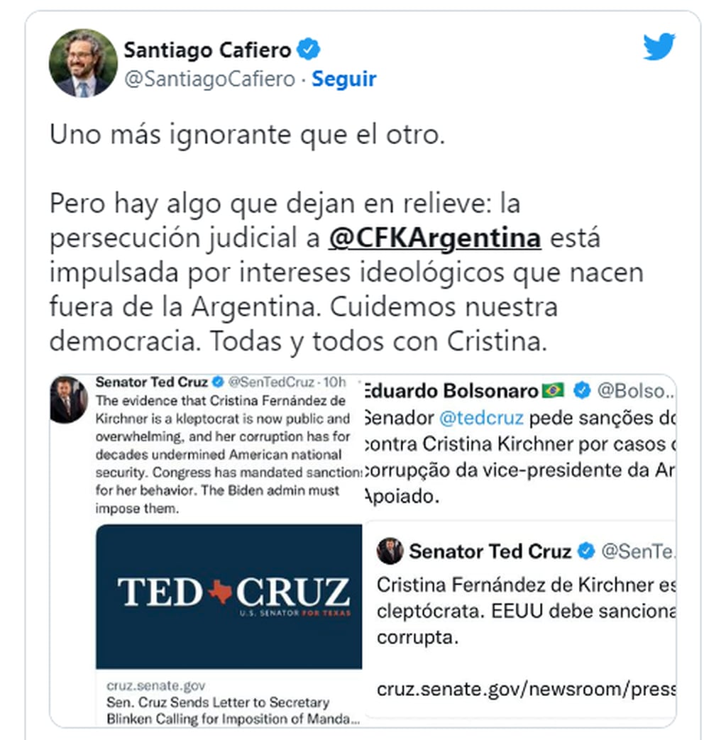 El tuit de Santiago Cafiero defendiendo a Cristina Kirchner.