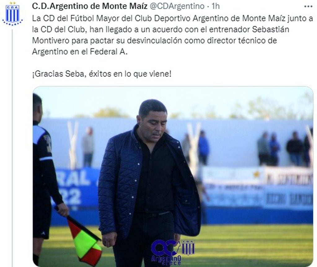 El Sapito Sebastián Montivero ya no es más el DT de Argentino de Monte Maíz.