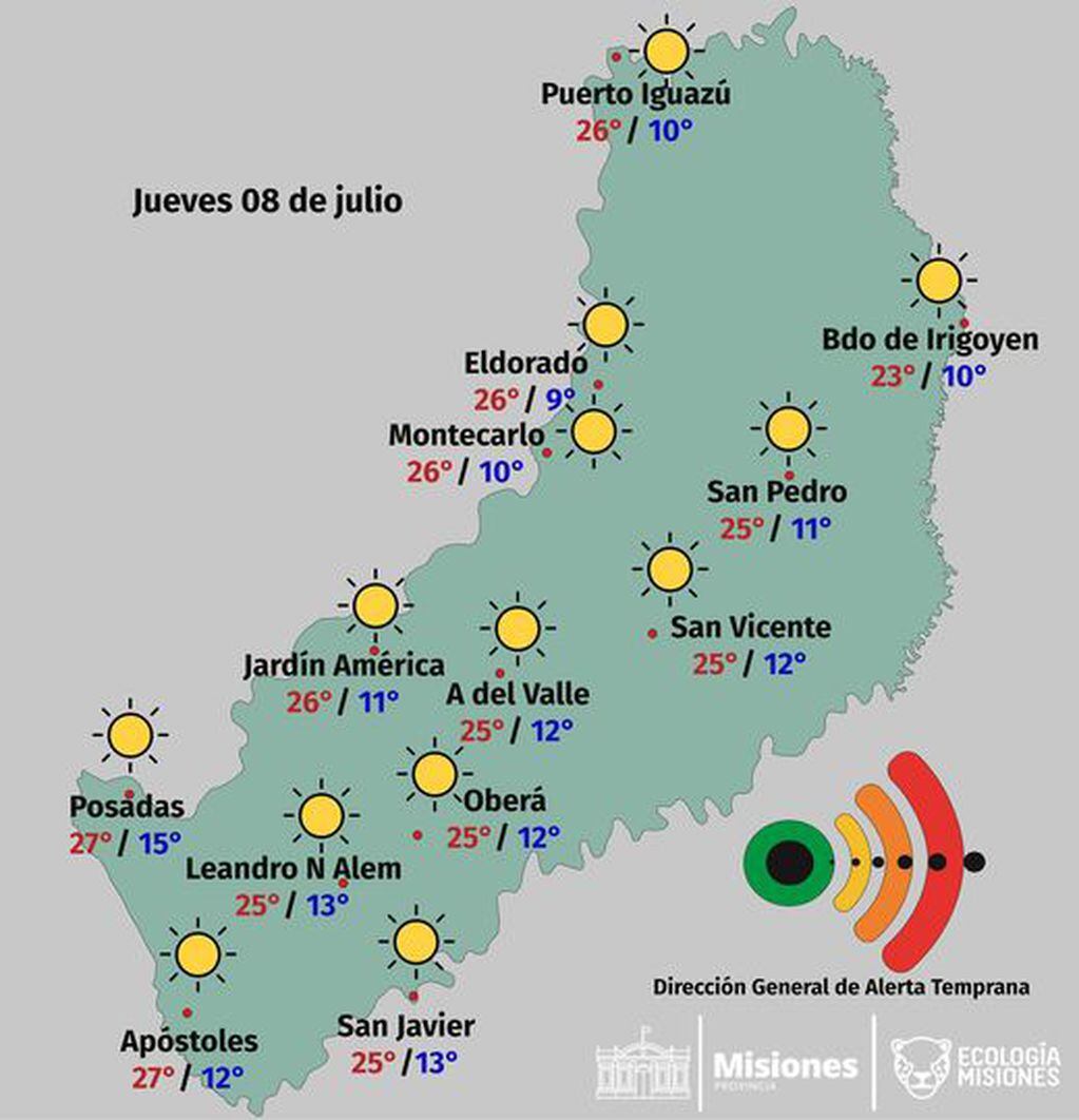 Continúa el buen tiempo en la provincia de Misiones. Dirección General de Alerta Temprana