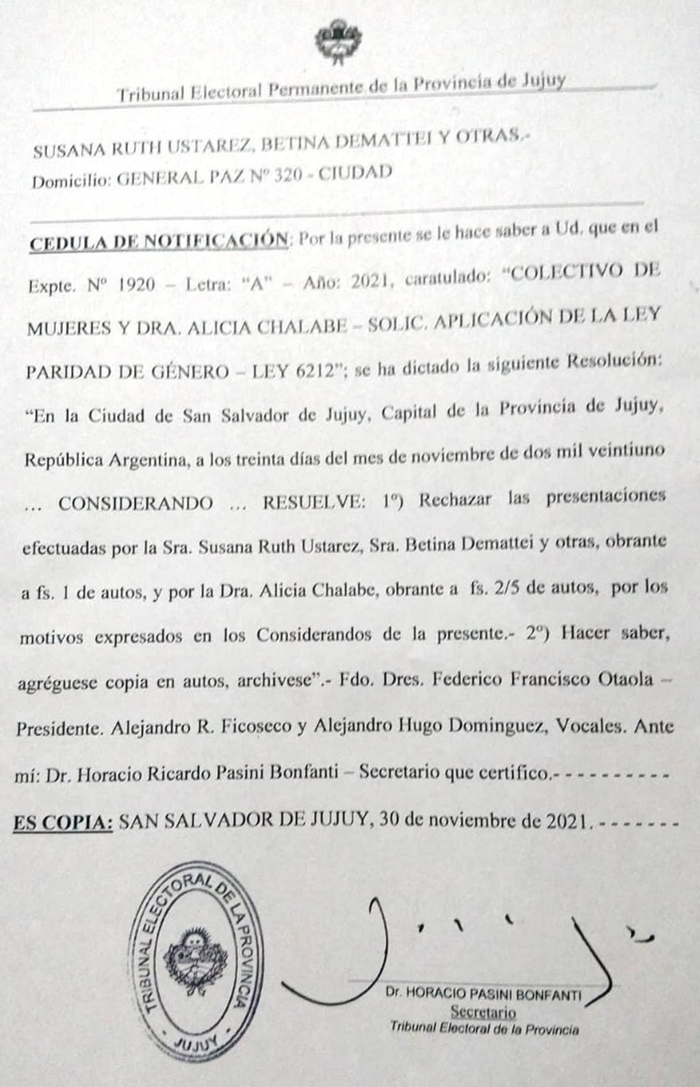 El Tribunal Electoral de Jujuy rechazó el pedido que una candidata suplente mujer reemplace a Leila Chaher en la banca que dejará vacante e la Legislatura para asumir como diputada nacional.