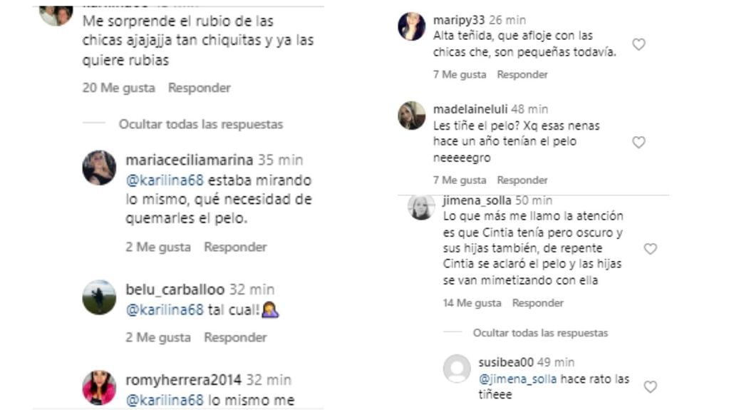 Algunos de los comentarios en Instagram donde aseguran que Cinthia Fernández le tiñó el pelo a sus hijas.