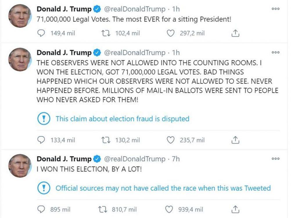 Los tweets de Donald Trump tras que Joe Biden ganara las elecciones (Captura Twitter)