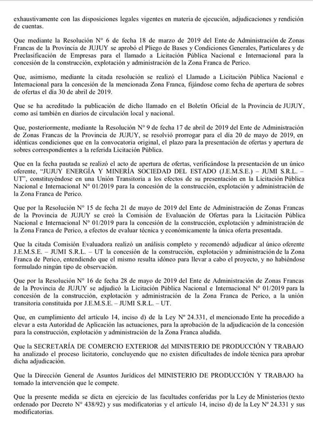 La resolución del Ministerio de Producción y Trabajo de la Nación, referida a la Zona Franca de Perico.