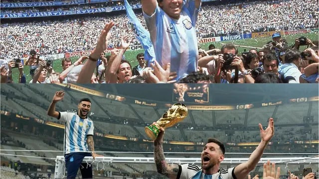 Maradona y Messi con la copa del mundo. Inmortales.