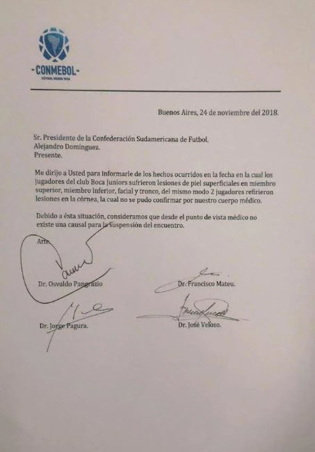 El acta firmada por los médicos de la Conmebol en la cual ratificaban que los futbolistas de Boca no presentaban heridas mayores como para suspender el partido ante River.