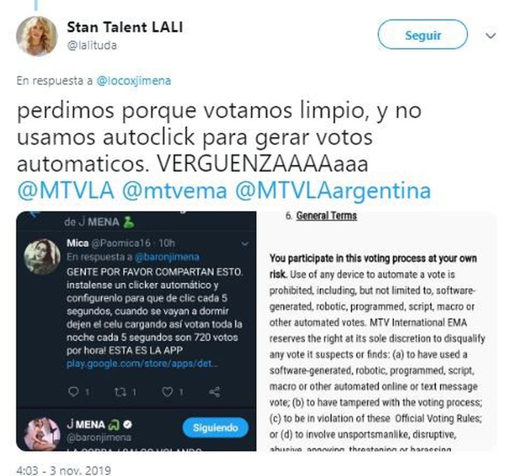 Los fans de Lali acusaron a Jimena Barón de hacer fraude para ganar en los MTV EMAs (Foto: Twitter)