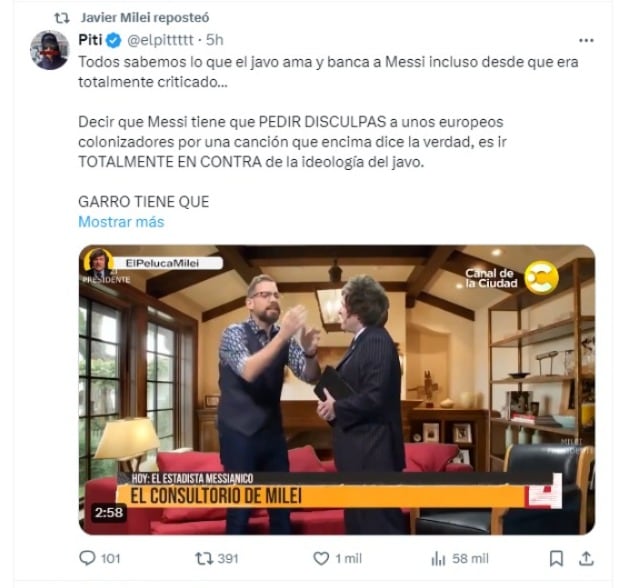 Milei retuiteó un mensaje que pide la renuncia de Garro, tras los dichos del funcionario sobre Messi