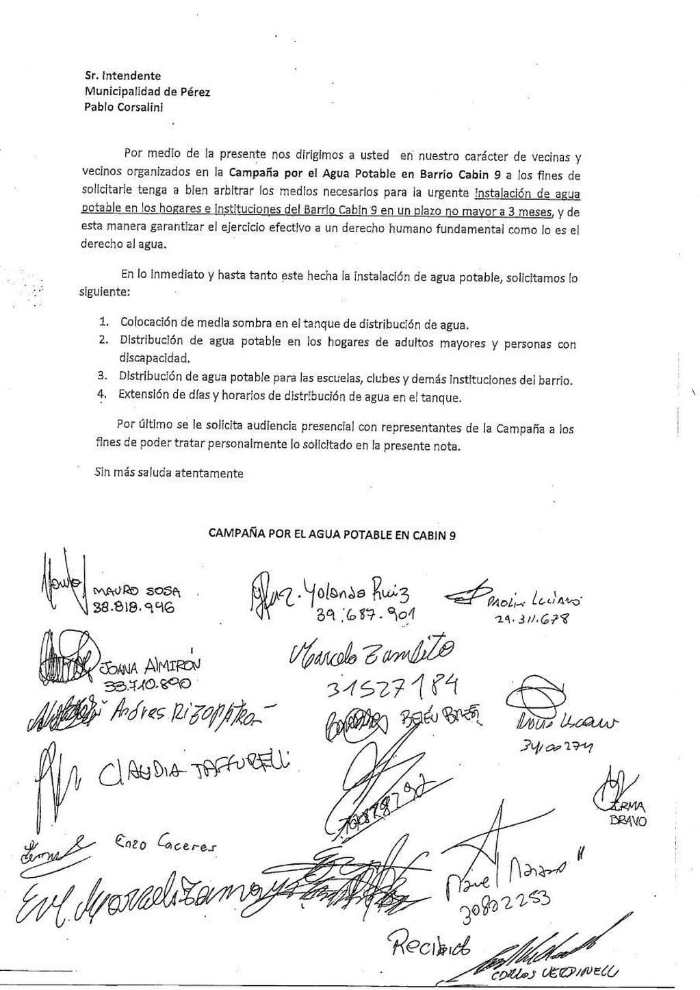 Acta firmada por los vecinos de Cabín 9 (Yolanda Ruiz)