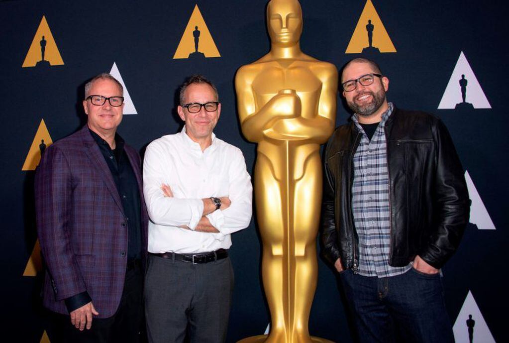 Mark Nielsen, Jonas Rivera y Josh Cooley , creadores de la película. (Foto: AFP)