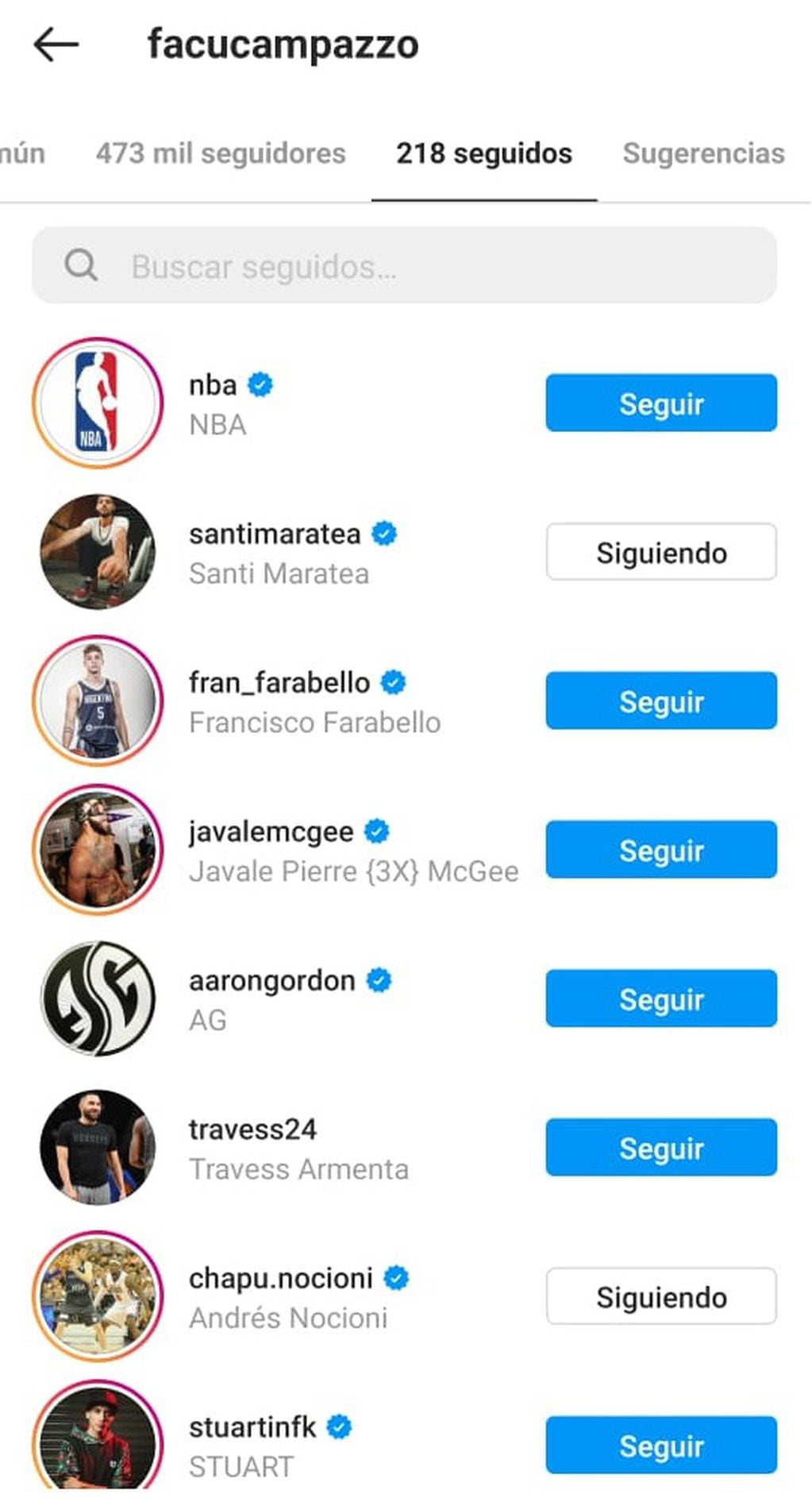 Campazzo sigue a Santi Maratea en Instagram.
