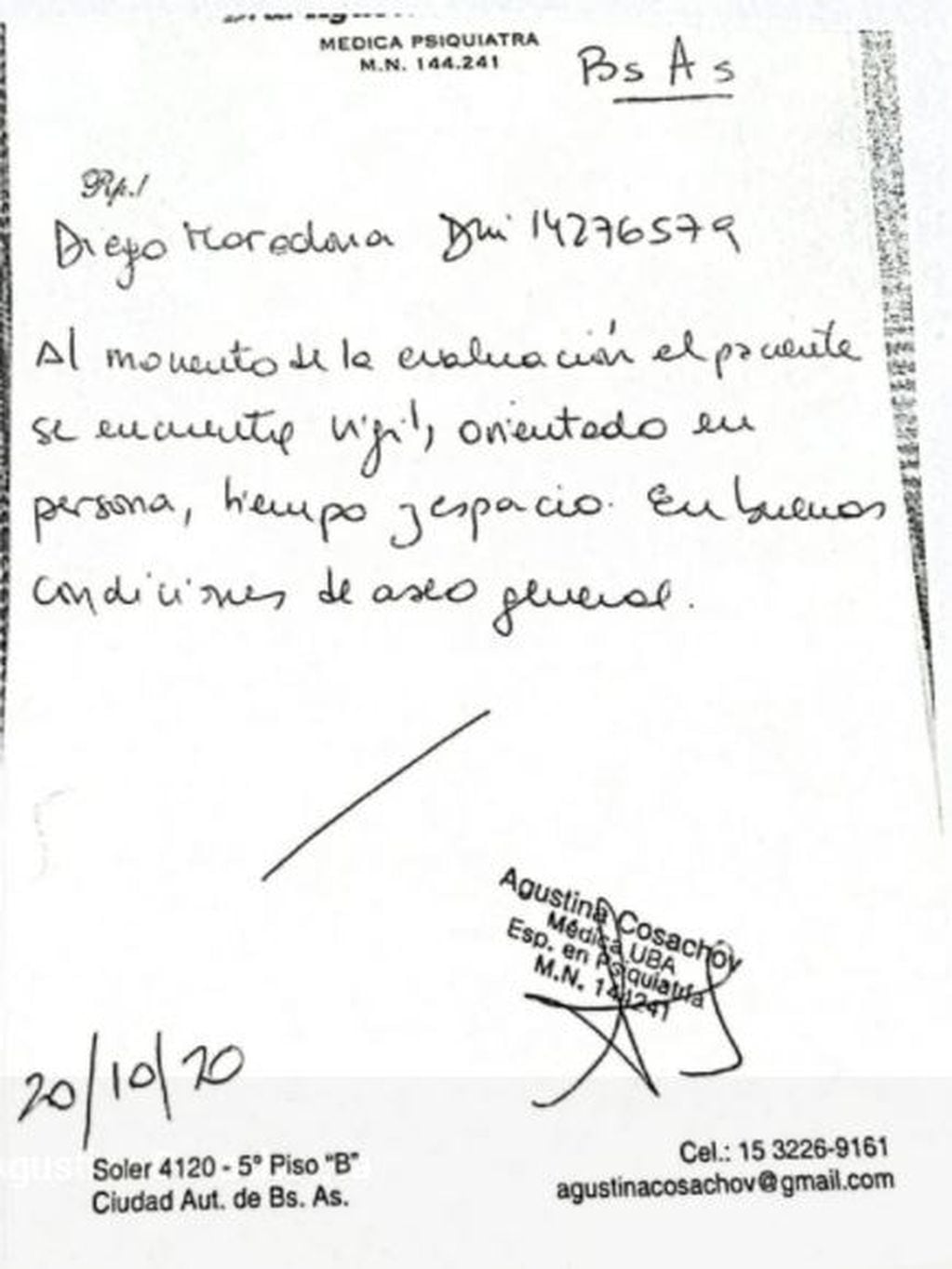 El documento que, según la investigación, falsificó Agustina Cosachov, la psiquiatra de Diego Maradona. (Foto: Clarín)