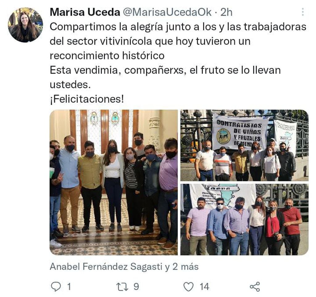 Ley de jubilación anticipada para trabajadores viñateros. Twit de Marisa Uceda.