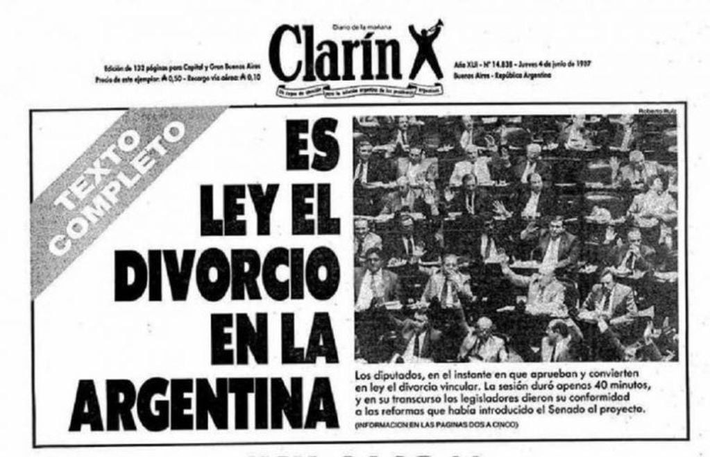 En 1987 el Parlamento argentino sancionó la Ley de Divorcio.