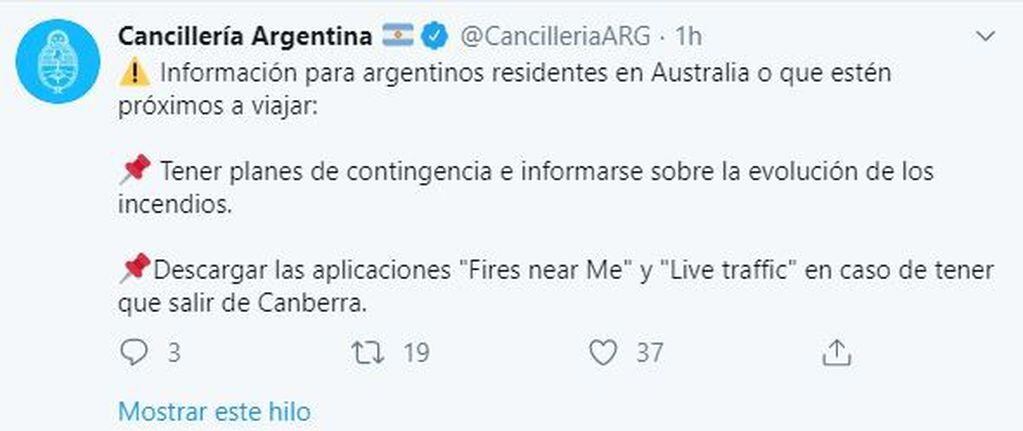 Información para argentinos residentes en Australia o que estén por viajar. (crédito: @CancilleriaARG)