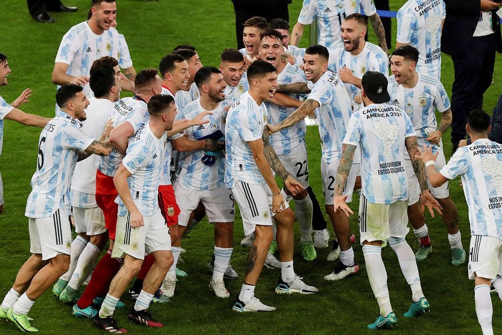 Players of Argentina celebrate beating Brazil 1-0 in the Copa America final soccer match at Maracana stadium in Rio de Janeiro, Brazil, Saturday, July 10, 2021.