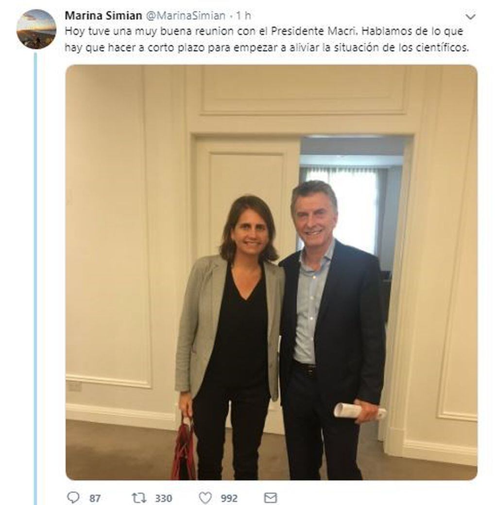 Marina Simian y Mauricio Macri en Olivos.. (TW:@MarinaSimian)