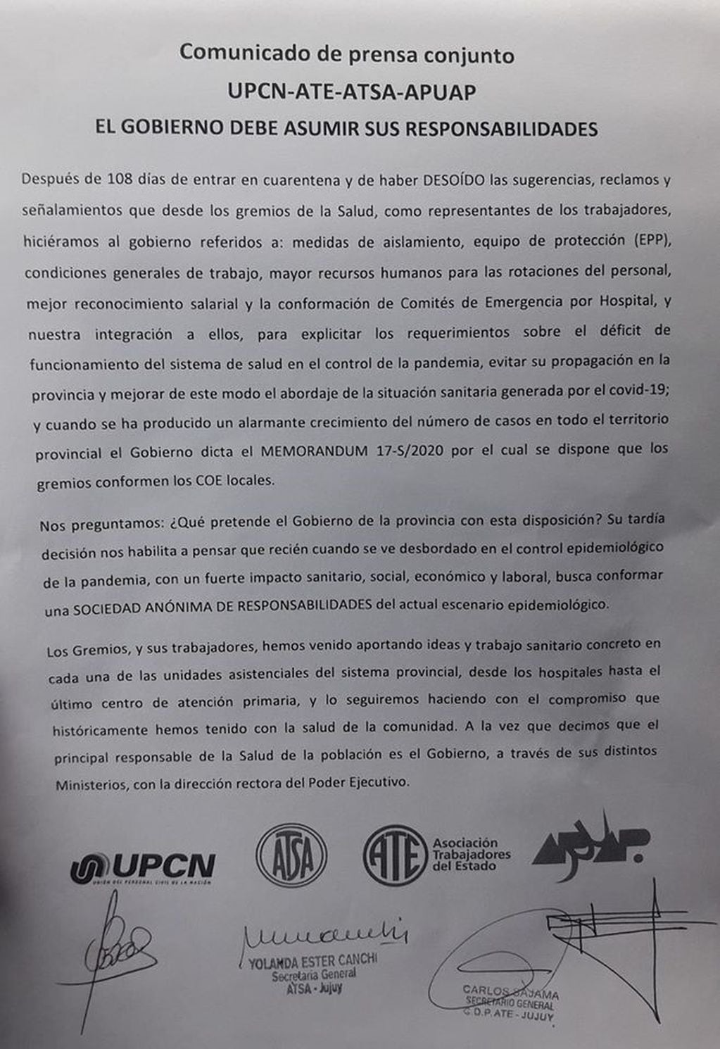 Documento conjunto de los sindicatos de la salud de Jujuy, emitido pasados cien días de cuarentena.