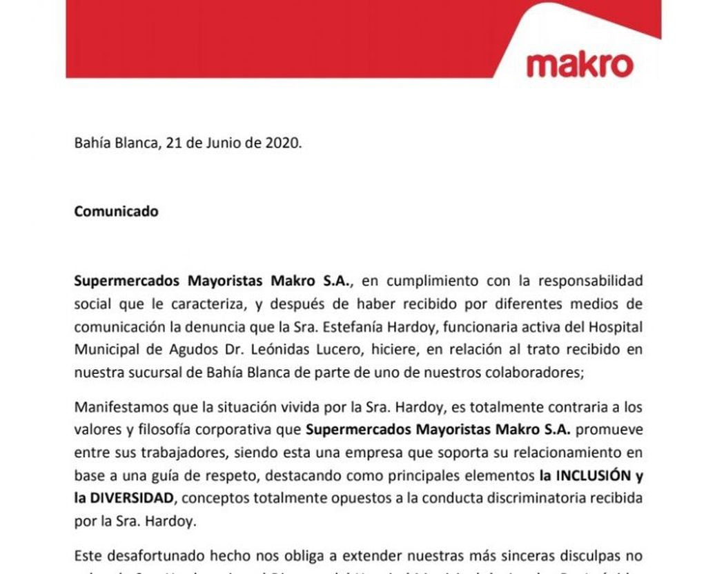 Comunicado de Makro Bahía Blanca