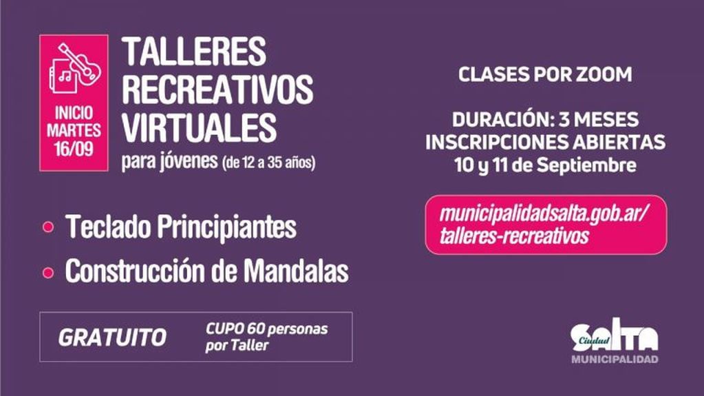 Anotate a los nuevos talleres creativos virtuales (Municipalidad de Salta)