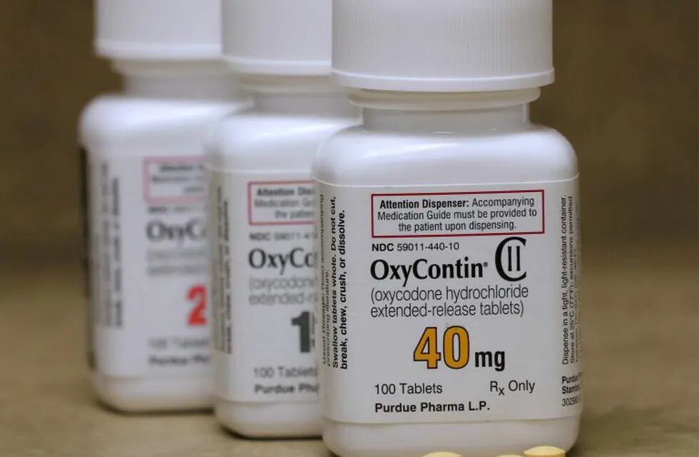 FILE PHOTO: Bottles of prescription painkiller OxyContin pills, made by Purdue Pharma LP sit on a counter at a local pharmacy in Provo, Utah, U.S., April 25, 2017.    REUTERS/George Frey/File Photo