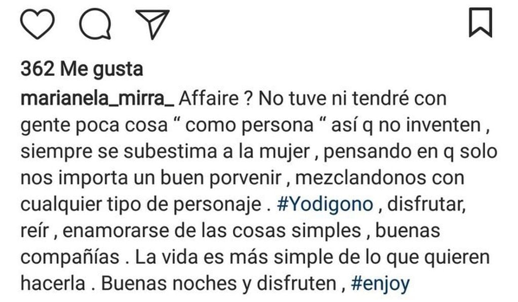 El mensaje que Mirra publicó en su Instagram
