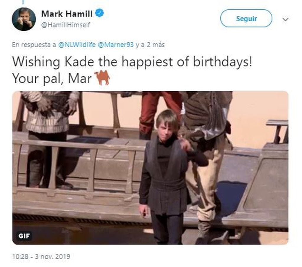 Mark Hamill saludó a Kade por su cumpleaños  (Captura de Twitter)