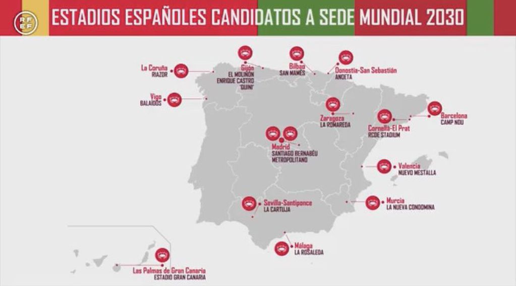 Las sedes que podrían albergar el Mundial 2030 en España y Portugal.